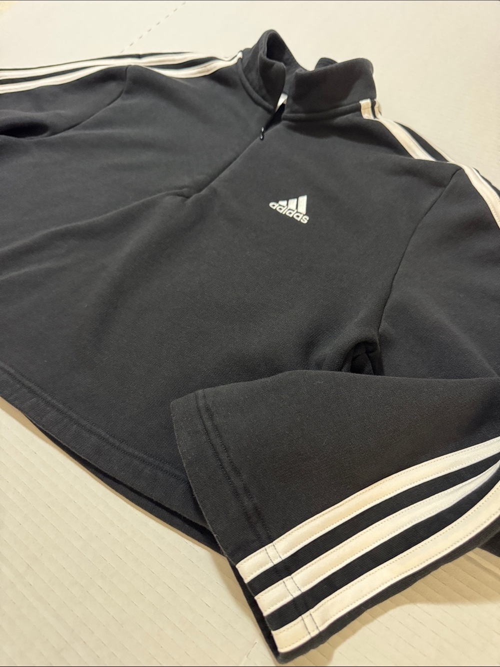 adidas Black Quarter-Zip Pullover with White Sleeve Stripes